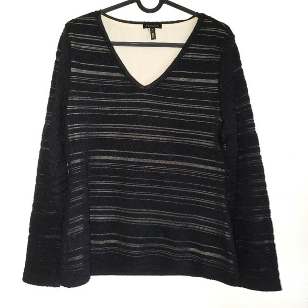 Escada Black Silk Blend Semi Sheer Mesh Knit Top V Neck Long Sleeve Lined L